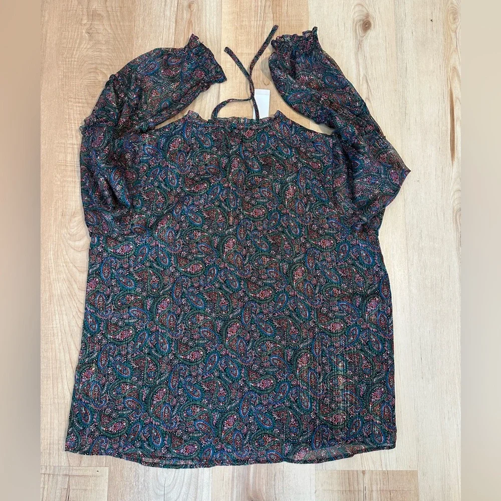 LOFT Women's Multicolor Shimmer Paisley Smocked Ruffle Tie Neck Blouse Sz M - Picture 2 of 13
